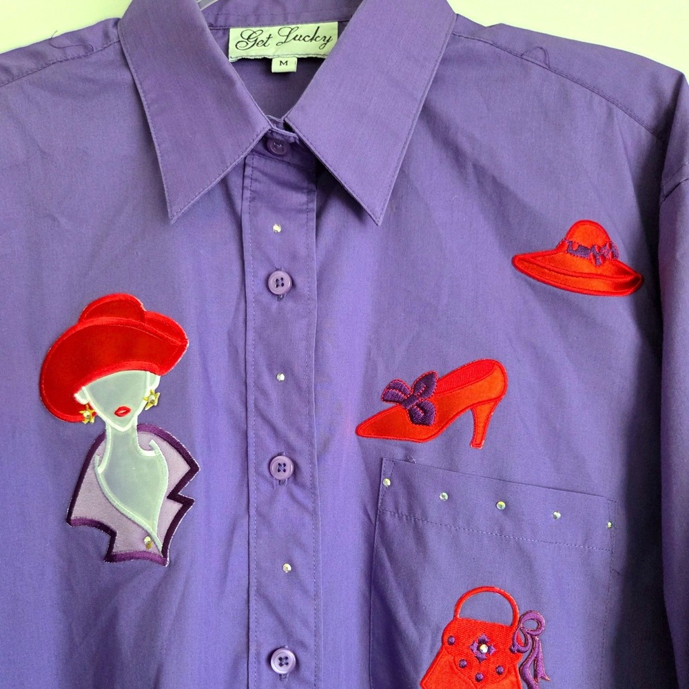 VTG Red Hat Society Get Lucky Purple L/S Button Shirt Applique Rhinestone Sz M